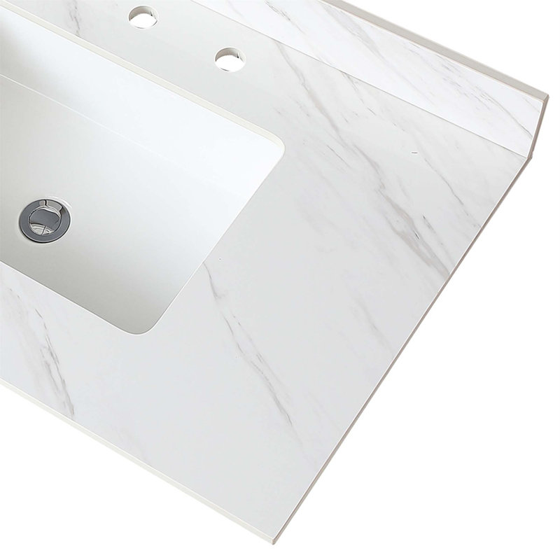 Dessus de meuble-lavabo en marbre avec trous de robinet pré-percés, comptoir de salle de bain avec lavabo central rectangulaire encastré et dosseret de 4 po de hauteur, Bianco Carrara Venato