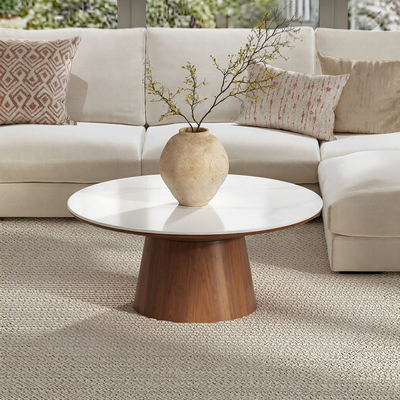35.4" Sintered Stone Round Coffee Table, 15.7" H x 35.4" L x 35.4" W, Glossy Marble White