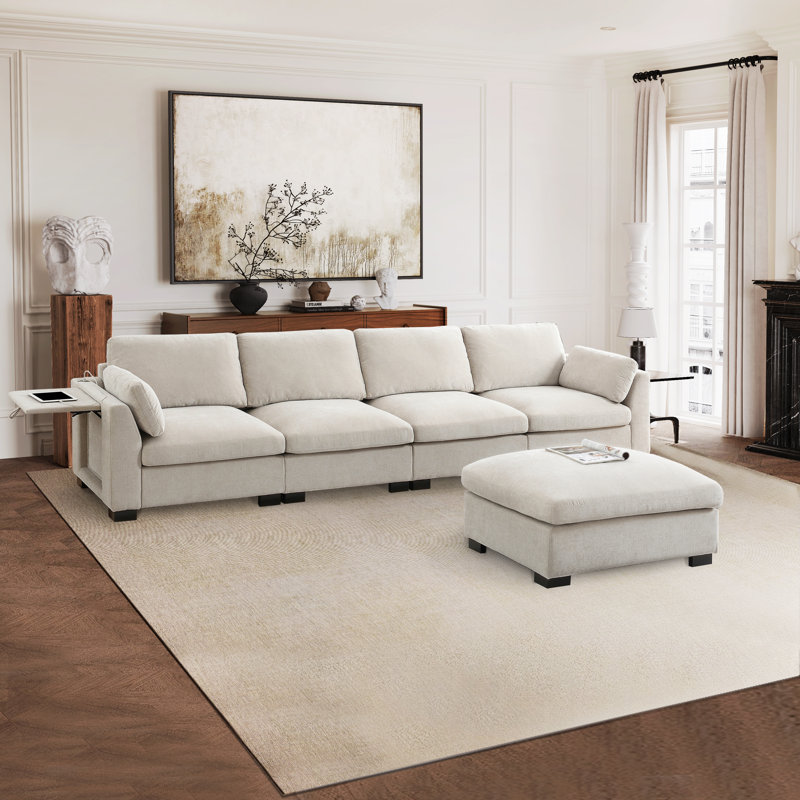 Chenille Modular Sectional Sofa With Ottoman, Armrest Folding Table & Usb Ports, Side Storage Pocket, Beige Chenille