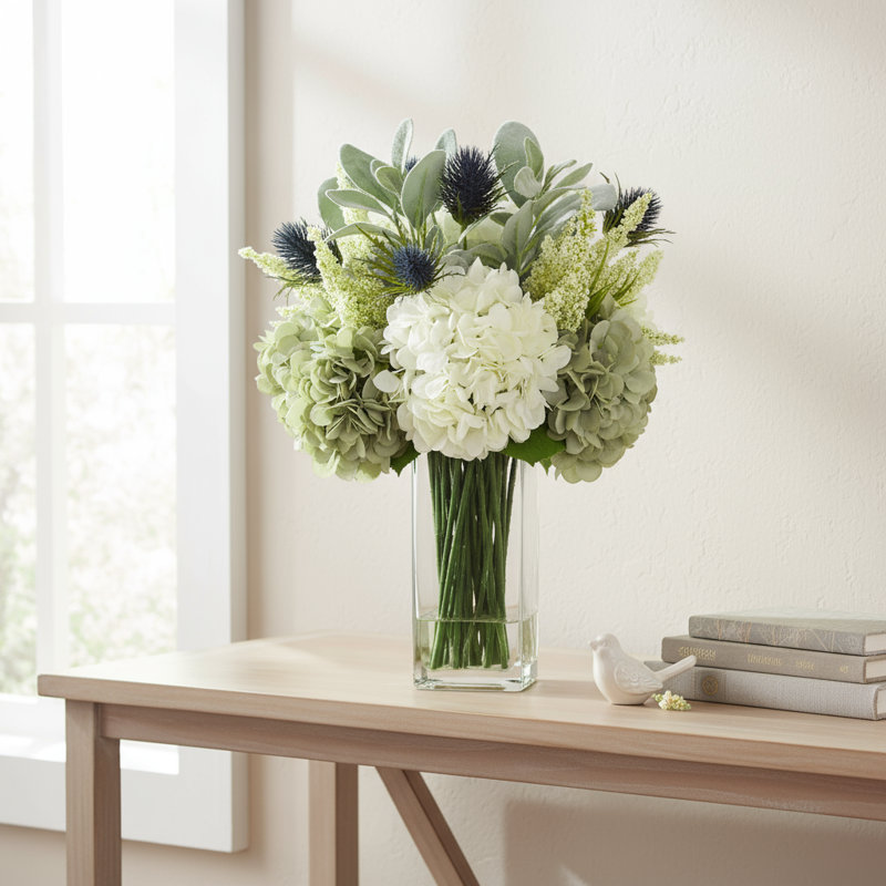 Assorted Hydrangeas, Lamb's Ear and Protea Arranged in Glass Vase