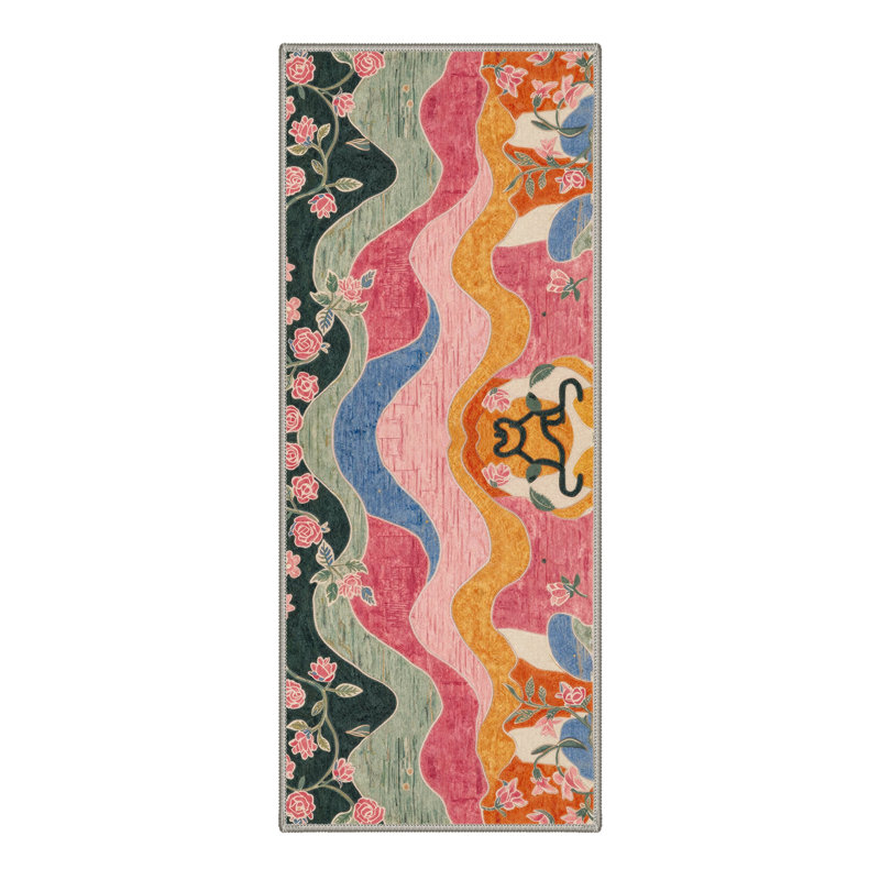 Verdant Floral Machine Washable Green / Pink / Blue / Yellow / Orange Indoor Area Rug with Non-Slip Backing, Runner 2' x 6'