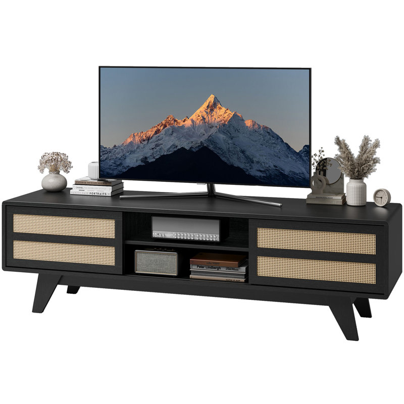 Bohemian 65 Inch TV Stand With Rattan Doors & Adjustable Shelves, Black