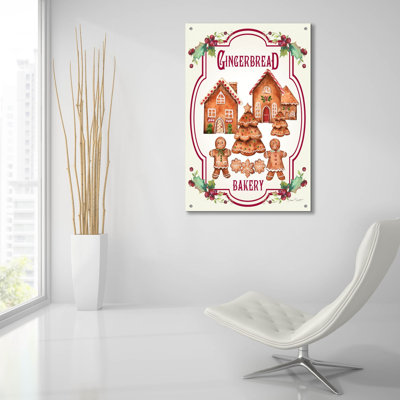 «Gingerbread Bakery Sign» par Jean Plout, art mural en verre acrylique, 24 po x 36 po
