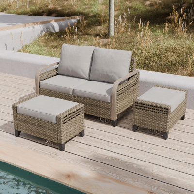 Patio Outdoor Wicker Sofa loveseat with Ottoman with Cushions