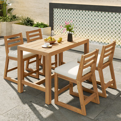 Ensemble de salle à manger à hauteur de comptoir 5 pièces, ensemble de bar pour 4 personnes, bois massif, plateau à lattes avec chaises rembourrées, style campagne moderne, utilisation à l'extérieur