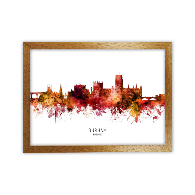 Durham England Skyline Red City Name by Michael Tompsett - Print, 34cm H x 46cm W x 3cm D, Oak Framed