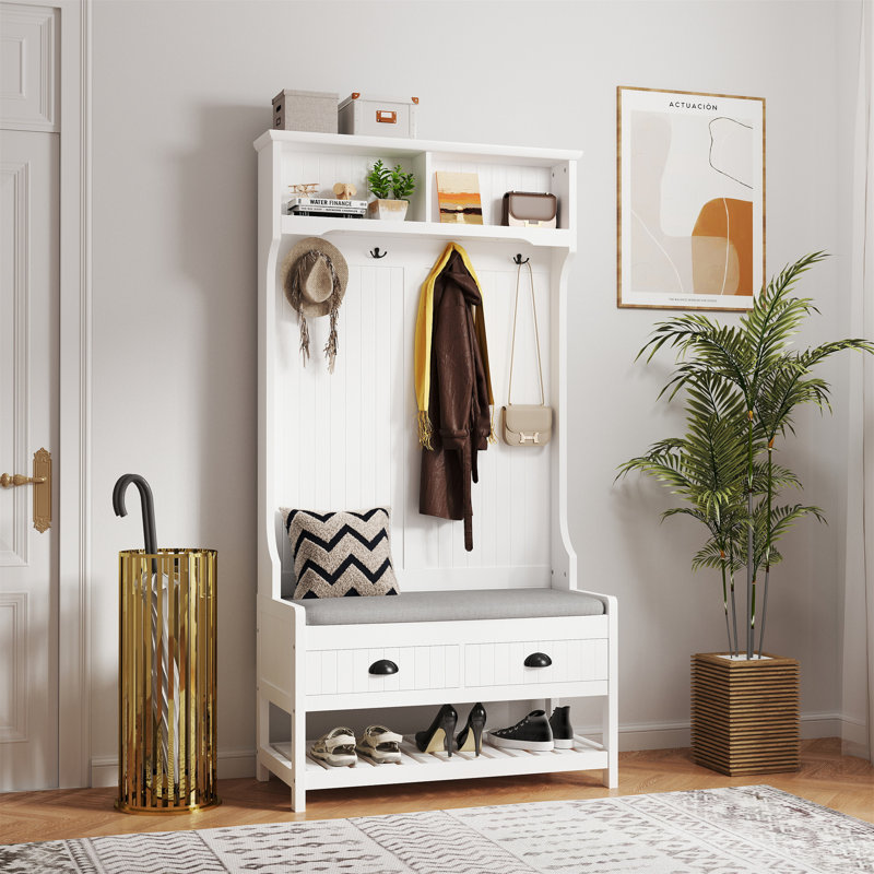 Arbre d'entrée multifonctionnel avec coussin moelleux, tablettes et portemanteau, Blanc