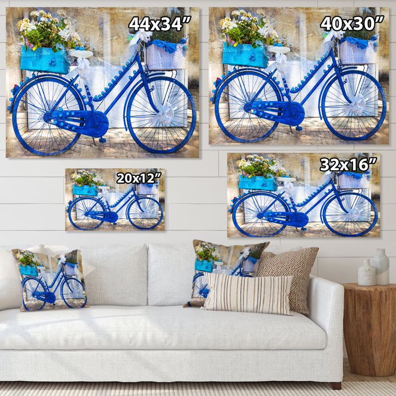 Vélo rétro bleu avec fleurs - Impression sur toile, H 30 po x l 40 po, Toile tendue