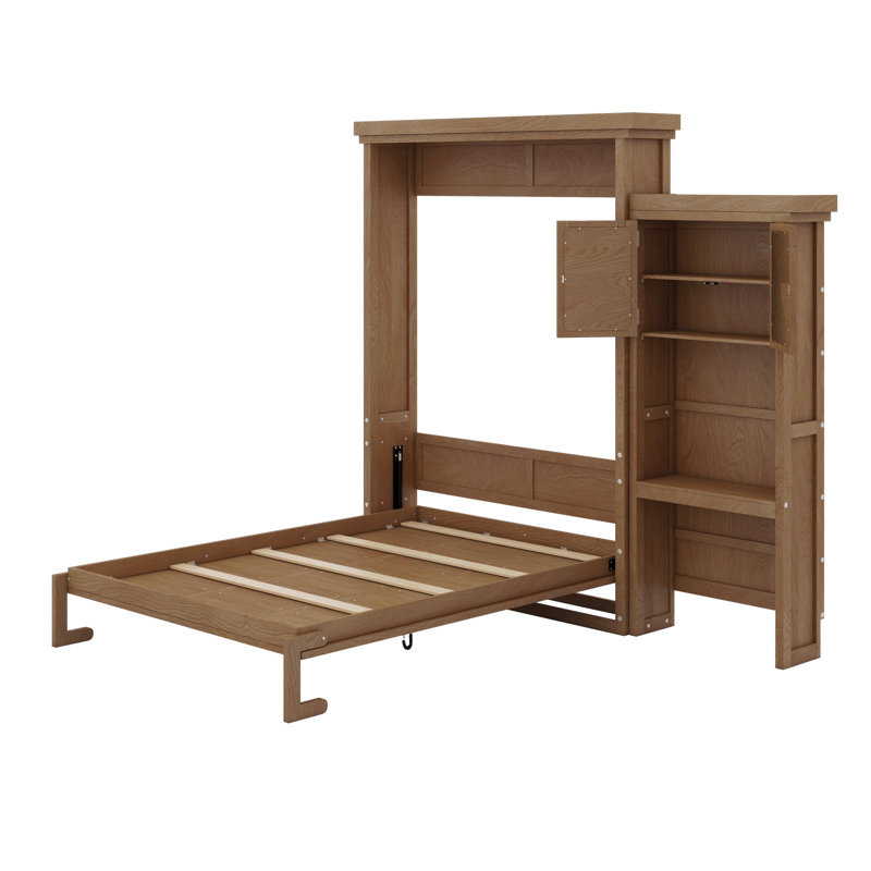 Lit escamotable avec plusieurs tablettes de rangement et décoration à persiennes, Bois