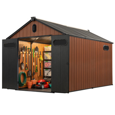 Plexalife 8×12 Large Heavy-Duty Outdoor Resin Storage Shed with Custom-Fit Solar Light Included Windows & Double Doors, Weatherproof & UV-Resistant Garden and Tool Shed with Metal Reinforcement & Ventilation, Teak Brown - by a Trusted USA Brand.