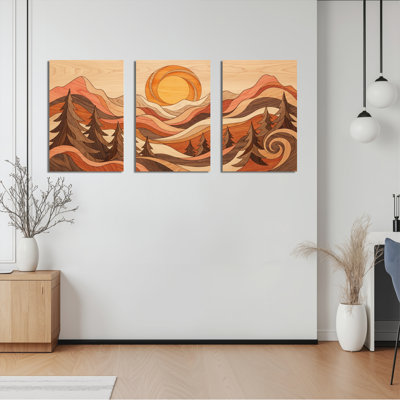 Ensemble de 3 tableaux sur toile représentant un coucher de soleil sur un paysage de montagne