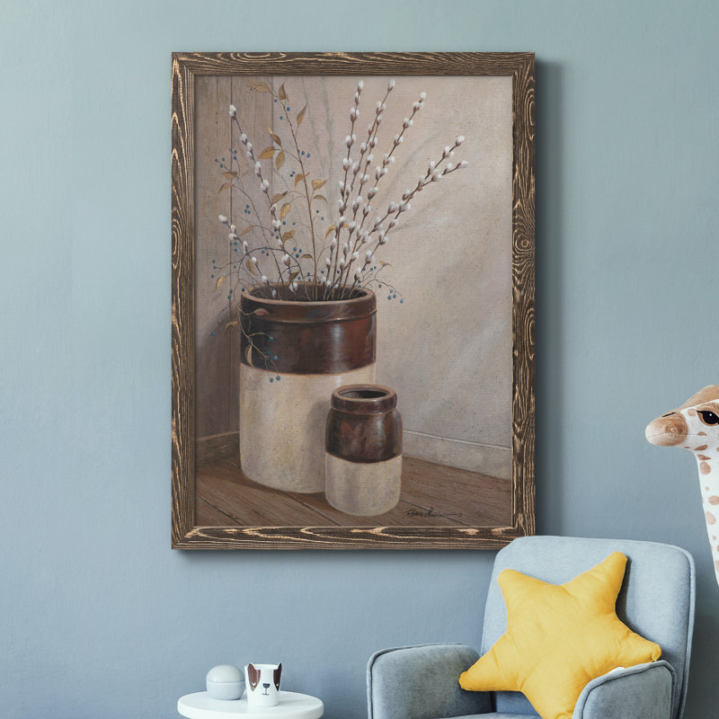 Peinture sur toile, "Pussywillows and Spring", Encadré de bois de noyer, H 44 po x l 31 po x P 1 po