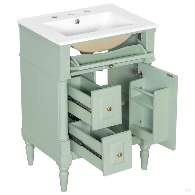 24 Inch Bathroom Vanity With Sink, Green Freestanding Bathroom Cabinet With Flip Drawer, Adjustable Shelf, Solid Rubberwood Frame, MDF Panels & Metal Handles