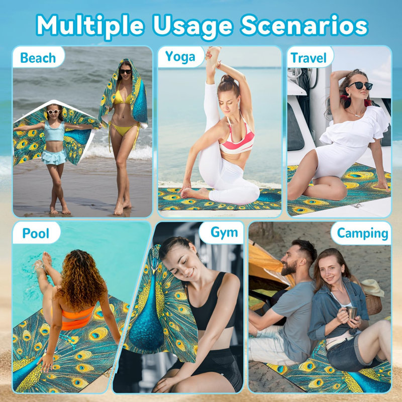 Peacock Beach Towel Oversized 60" x 80", Vibrant Peacock Feather Animal Print, Thin Lightweight Sand Free Quick Dry Microfiber Towels for Beach Yoga Camping Travel