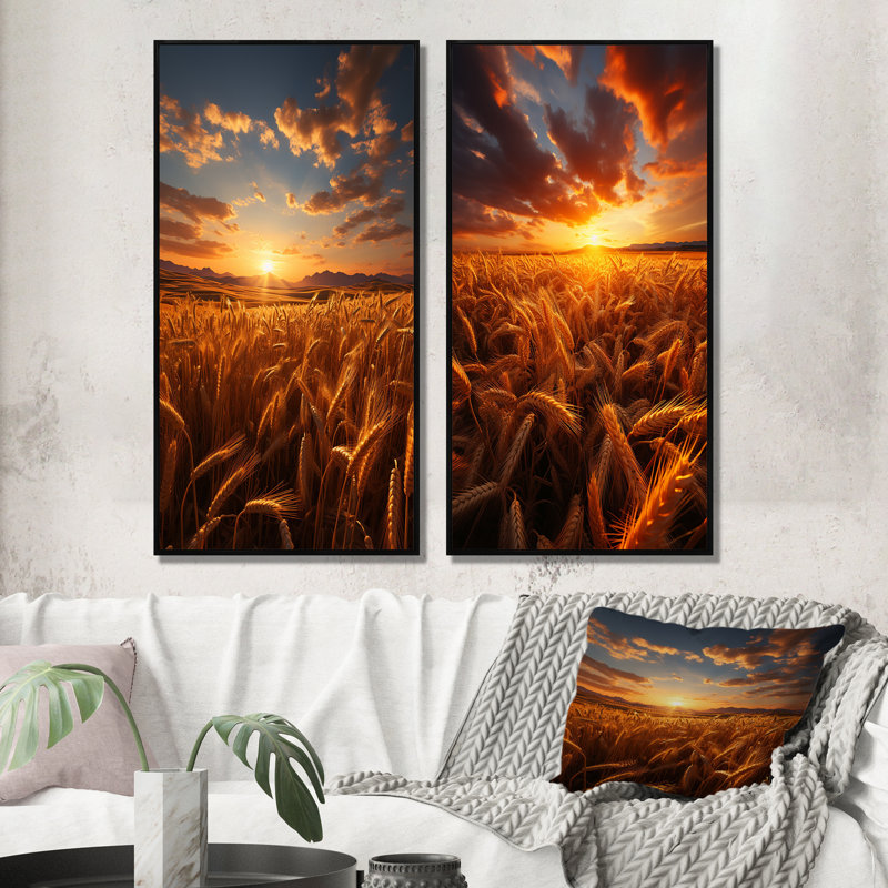 Golden Fields A Mesmerize - Art mural pour chambre à coucher - Ensemble de 2 décorations murales paysage et nature