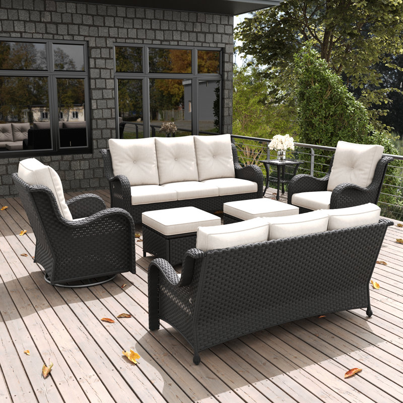  7 Pieces Outdoor Patio Furniture Set, Rattan Wicker Sectional Swivel Rocker Chairs Sets With Ottomans, Swivel Glider Chairs And Coffee Table