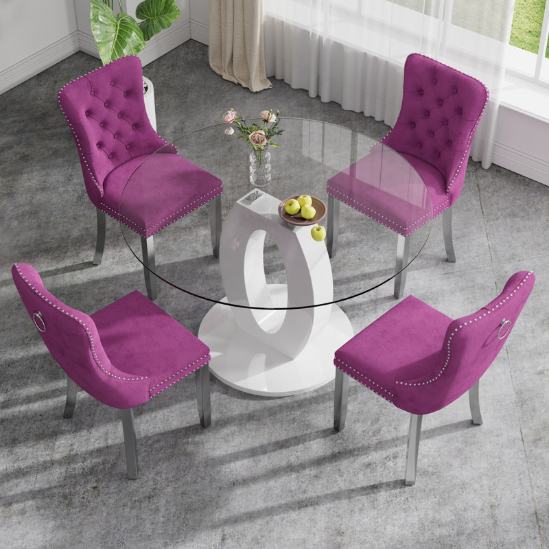 High Gloss Round Dining Table Set with 4 Velvet Dining Chairs, Purple/Silver