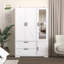 Armoire 4 portes avec miroir, armoire à DEL avec portes et 2 tiroirs, armoire de rangement en bois avec tringle, tablettes réglables, blanc