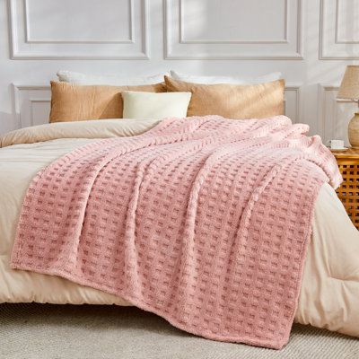 NEWCOSPLAY Super Soft Twin Blanket Pink Premium Silky Flannel Fleece 3D Waffle Checkered Lightweight Bed Blanket All Season Use (Pink Waffle, Twin(60"x80"))