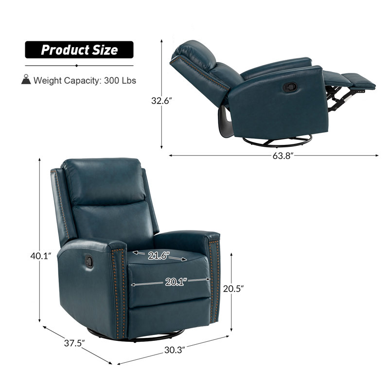 Fauteuil inclinable manuel pivotant en cuir véritable Chikako, Cuir véritable turquoise