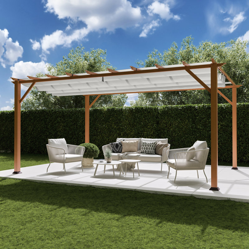 Florence 16 ft. W x 11 ft. D Wood Grain Aluminum Pergola in Canadian Cedar Finish with Canopy, White