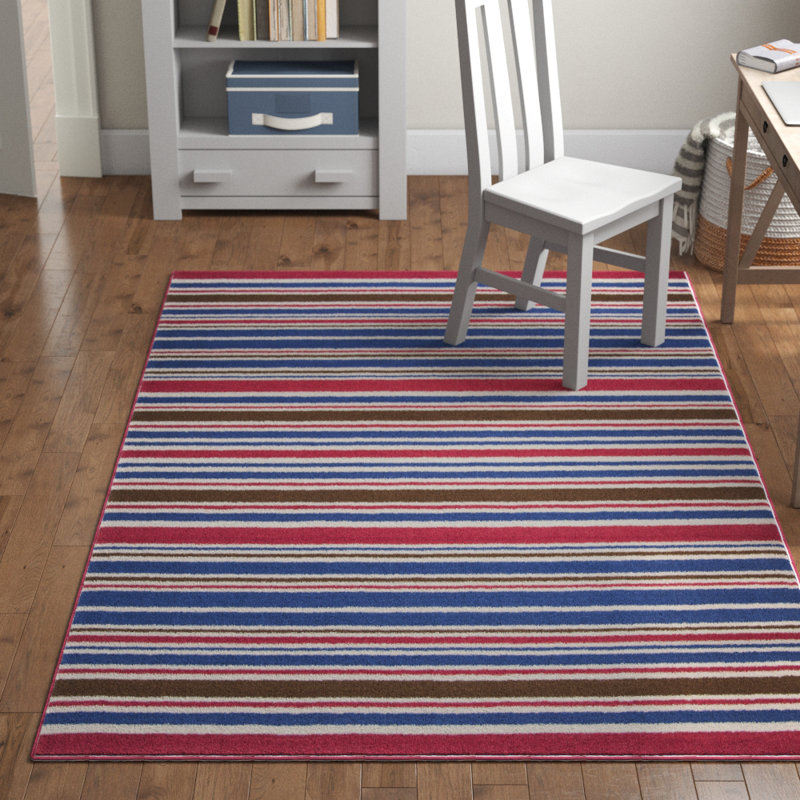 Tapis rayé en laine / coton bleu / rouge Alvardo, Rectangle 4 pi x 6 pi
