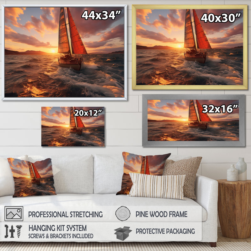 " Spain Sunset Sail II ", 30" H x 40" W, Black Floater Framed