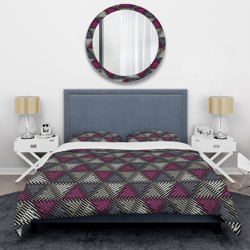 Grey And Purple Striped Pattern Polyester Geometric Shapes Duvet Cover, Full/Queen Duvet Cover + 2 Standard Shams