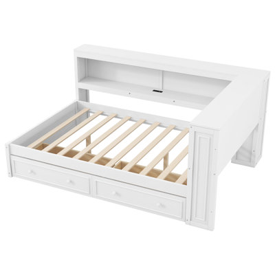 Full Size Wood Daybed with Storage Drawers, Shelves, USB, and LED Lighting, White