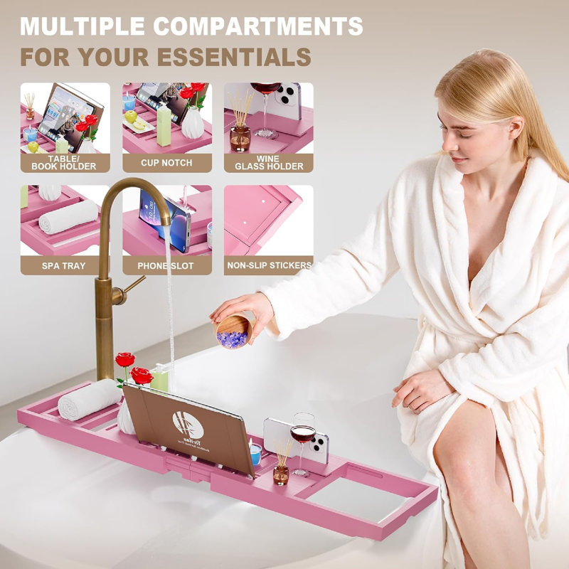 Freestanding Foldable Bamboo Bathtub Tray With Expandable Sides & Multi-Compartment Storage - Space-Saving Tray For Book, Tablet And Wine Organization