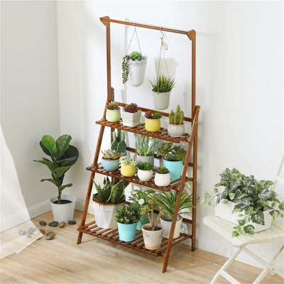 3-Tier Bamboo Foldable Plant Stand with Hanging Rod – Versatile Display for Plants and Décor
