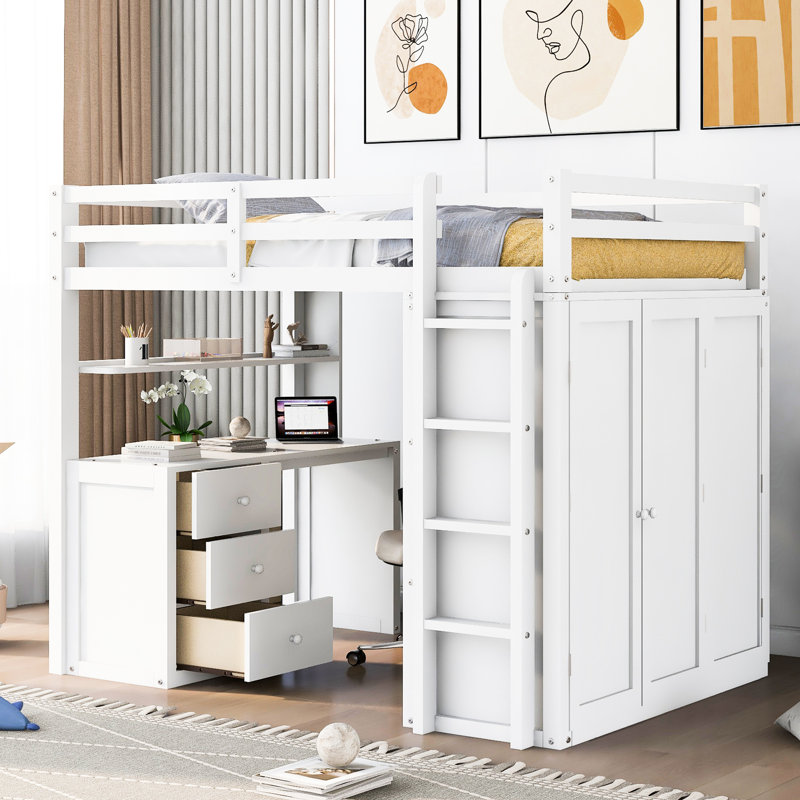 Lit mezzanine pleine grandeur, tiroirs, bureau, garde-robe, lit de rangement blanc pour articles lourds de grande capacité avec bureau et garde-robe A qui maximise le confort