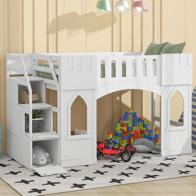Lit mezzanine simple avec escalier de rangement et fenêtre, Blanc