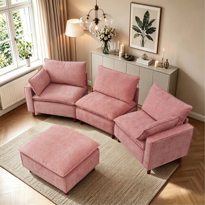 Canapé modulaire en L 108,5 po avec repose-pieds mobile, canapé rembourré en tissu de chenille confortable, canapé en nuage pour salon, appartement, rose