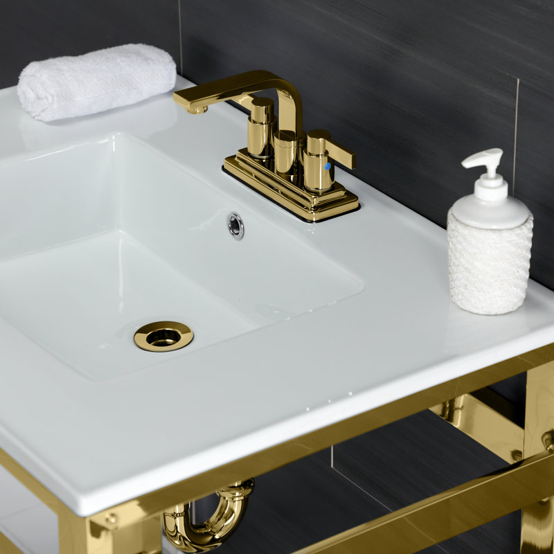 Kingston Brass Quadras 31-Inch Ceramic Console Sink with Steel Base and Glass Shelf, White/Polished Brass, 4" Centers