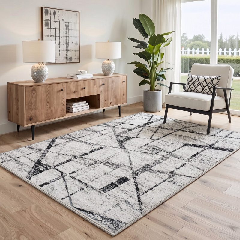 Tapis géométrique ivoire / gris lavable à la machine avec envers antidérapant, Rectangle 6 pi x 9 pi