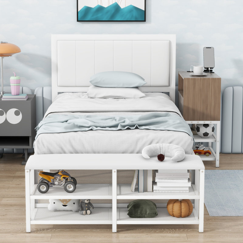 Lit en métal avec armoires de rangement, Simple, Blanc