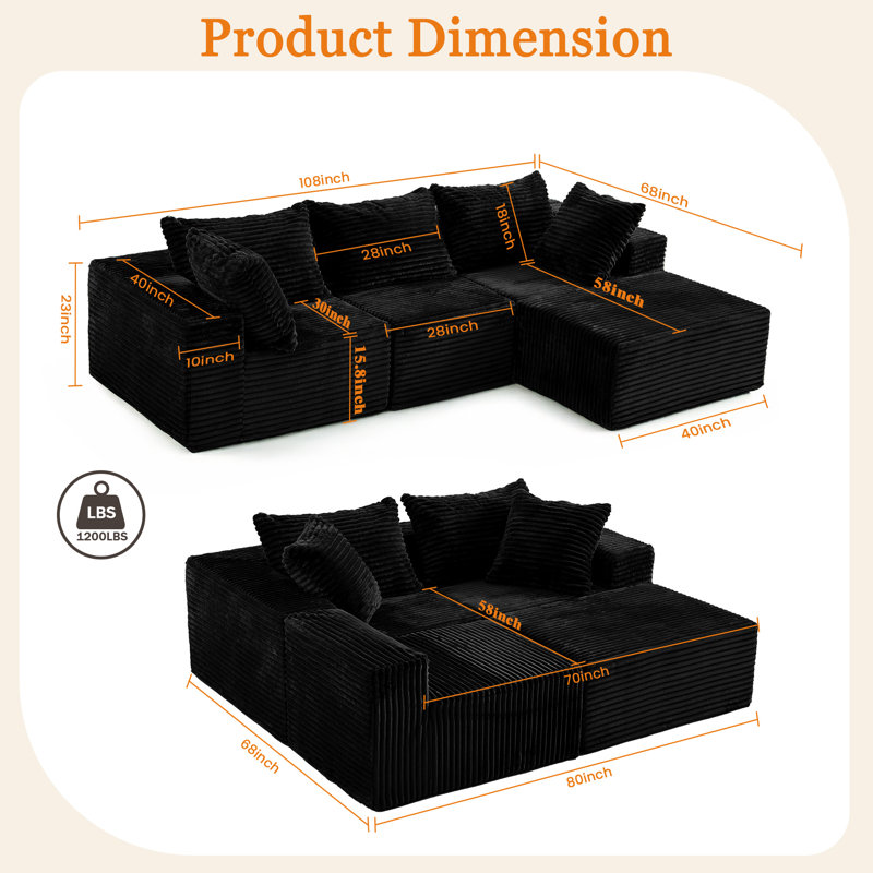 Canapé modulaire réversible de 108 po de largeur sans assemblage requis , Noir 