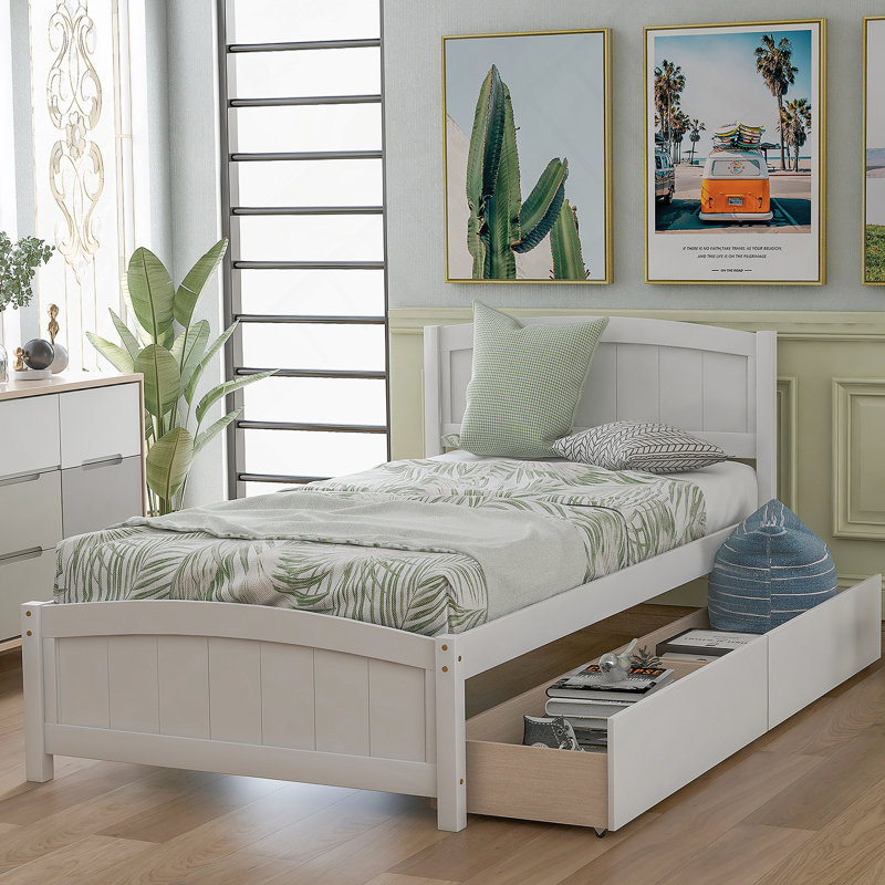 Lit plateforme avec deux tiroirs, Blanc