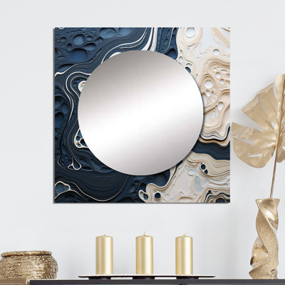 Avrahom - Abstract Cream And Blue Liquid Paint Coastal Large Square Mirror For Wall Art Decor
