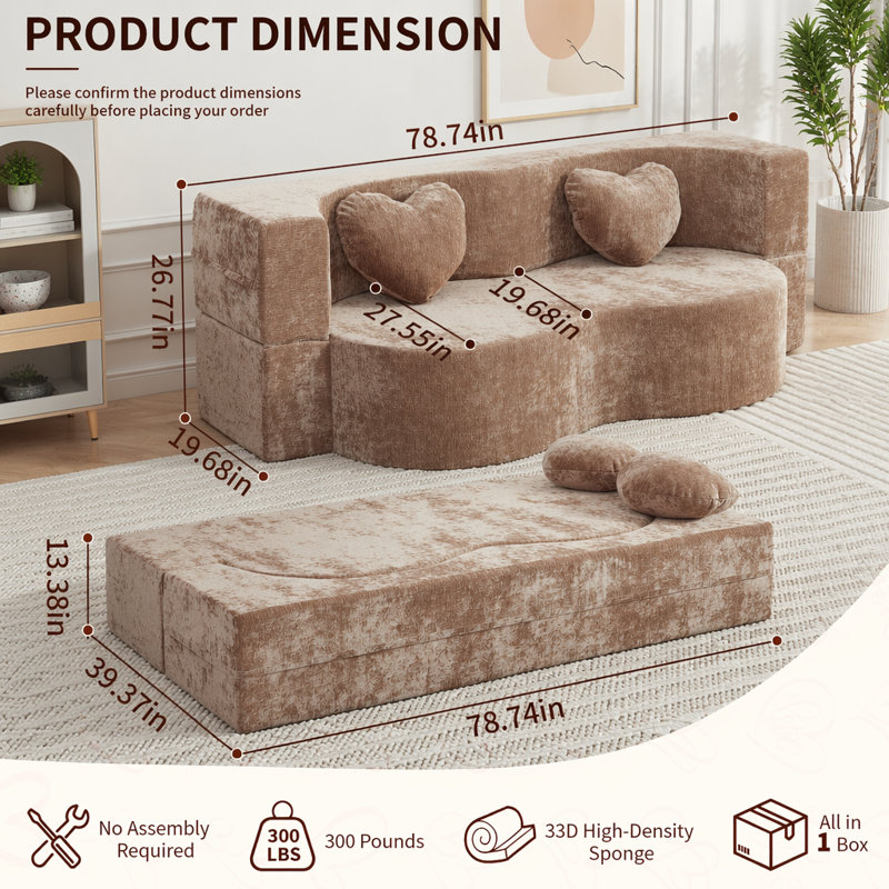 Canapé-lit convertible en forme de cœur avec éponge haute densité, aucun assemblage requis, Polyester taupe chaud