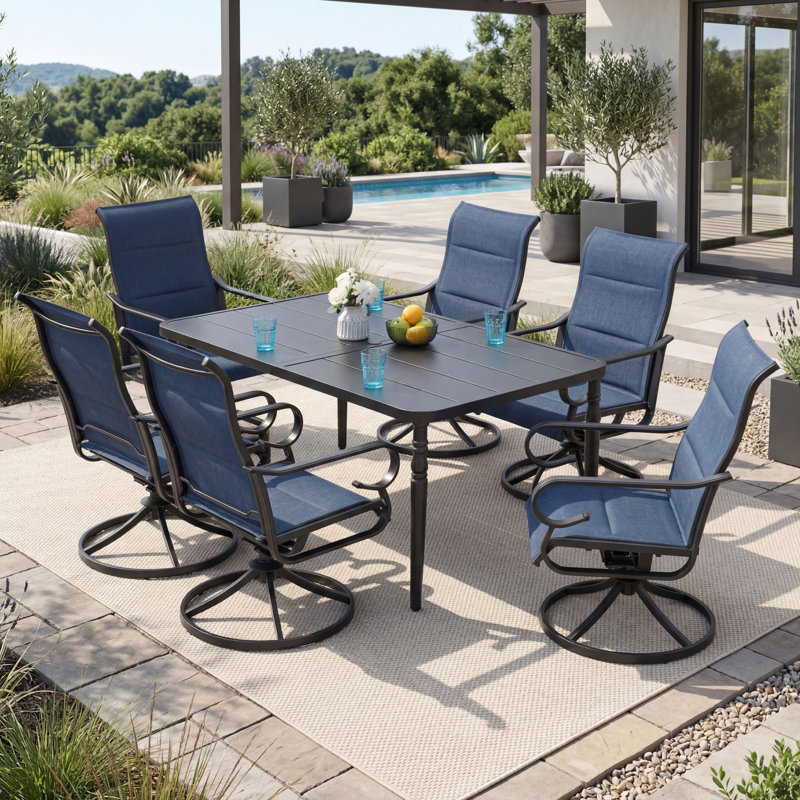 Burlington 7pcs Padded Textilene Patio Dining Set With Umbrella Hole, Swivel Design, 28.7" H x 60.7" W x 37" D, Blue