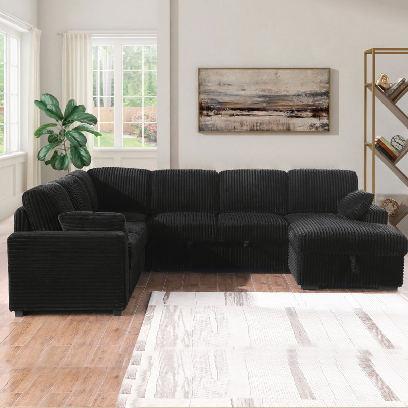 Manfried Oversized U-Shaped Sectional Sofa Bed Pull OutSleeper Couch With Storage Chaise For Living Room, Black Corduroy