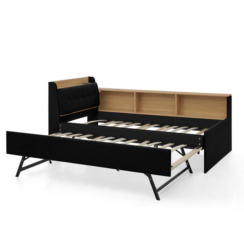 Lit de jour simple rembourré en velours noir avec hauteur ajustable, tête de lit avec rangement, lit gigogne et lit gigogne à chargement sans fil, lumières DEL