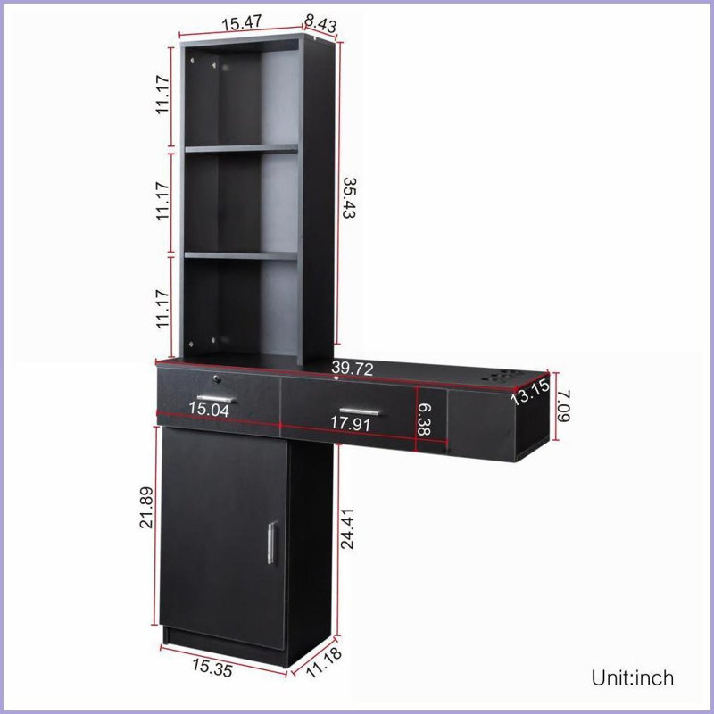 Bureau à cheveux, noir moderne avec rangement multicouche, 2 tiroirs Cabinet | Noir | Bois aggloméré, Noir