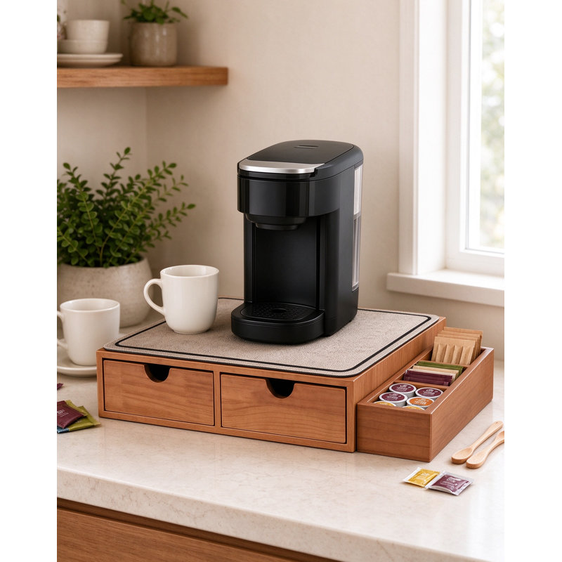Wooden K Cup Organizer Coffee Pod Storage Box with Multiple Drawers and Coffee Maker Stand, Pine Wood Coffee Station Holder for Kitchen Counter, Home Office and Coffee Bar