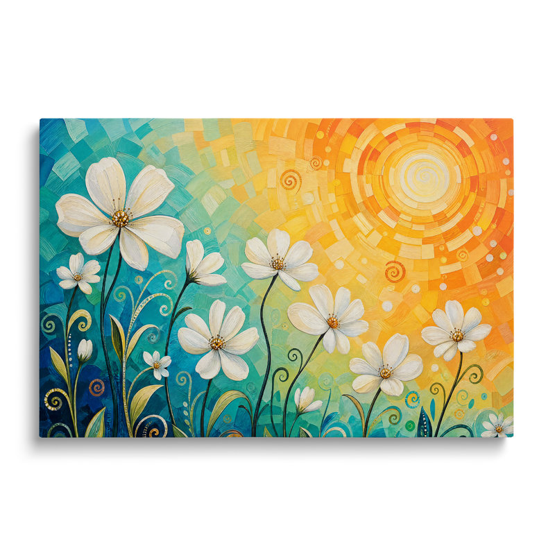 Reproduction d'une peinture à l'huile « Marguerites blanches et soleil » - 51 x 76 cm, H 20 po x l 30 po