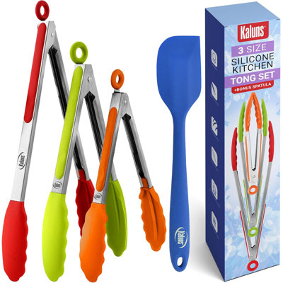 Kaluns Stainless Steel Kitchen Tongs Set of 4 with Silicone Tips, 7, 9 & 12 Inch Heat-Resistant Non-Stick BBQ & Cooking Tongs with Locking Handle and Silicone Spatula