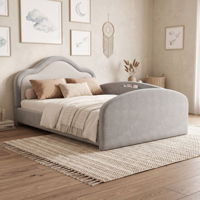 Upholstered Floor Bed with Storage Pocket, Headboard and Slats
