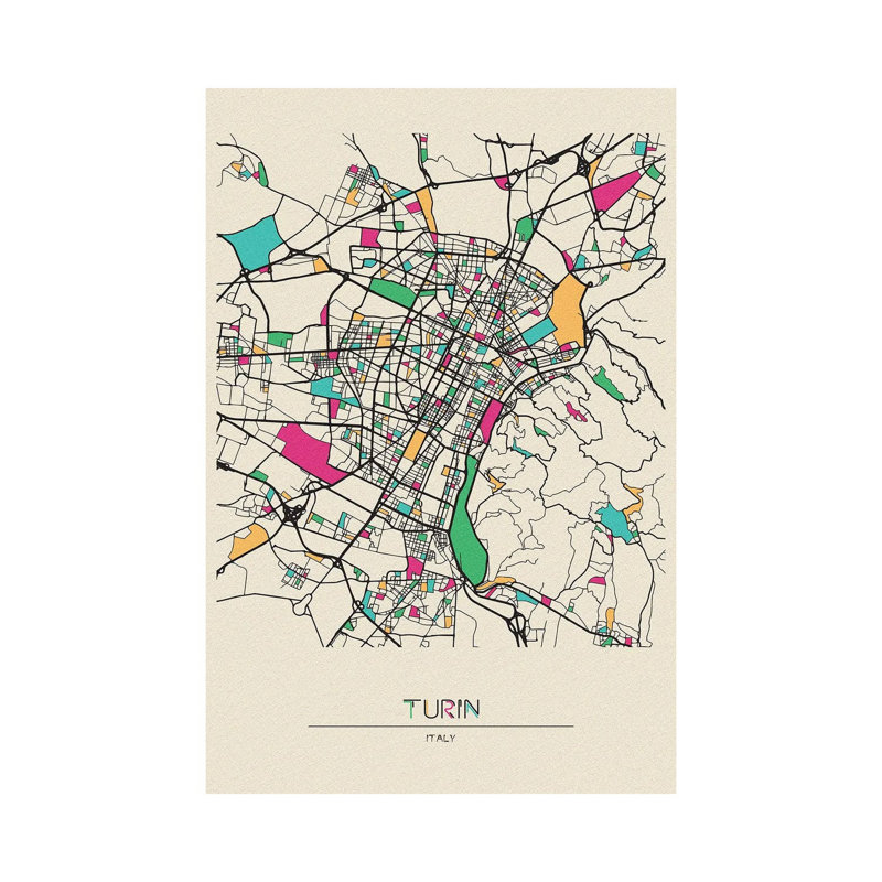 Turin, Italy Map 1 Piece Wrapped Canvas Wall Art, 20.32 cm H x 30.48 cm W
